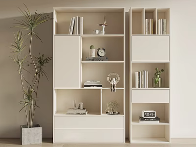 Modern White Bookshelf With Multiple Compartments Books Decorative Clock And Potted Plant 3d model