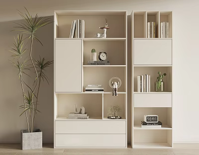 Modern White Bookshelf With Multiple Compartments Books Decorative Clock And Potted Plant 3d model