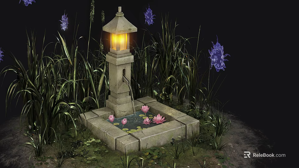 Natural Terrain With Stone Lantern Lush Grass Water Basin Lotus Flowers Purple Blooms And Moss 3d model 