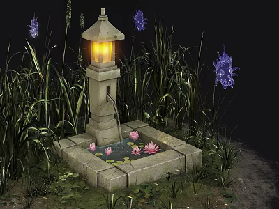 Natural Terrain With Stone Lantern Lush Grass Water Basin Lotus Flowers Purple Blooms And Moss 3d model