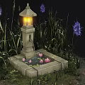 Natural Terrain With Stone Lantern Lush Grass Water Basin Lotus Flowers Purple Blooms And Moss