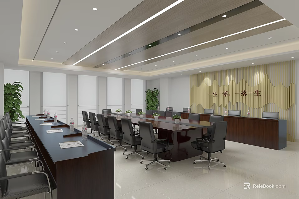 Modern Conference Room Interior With Long Table Black Chairs Green Plants And Wooden Wall 3d model 
