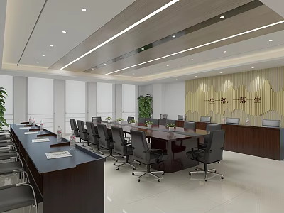 Modern Conference Room Interior With Long Table Black Chairs Green Plants And Wooden Wall 3d model