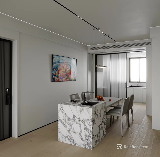 Modern Restaurant Interior With Marble Island Dining Table Chairs And Colorful Painting 3d model 