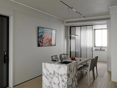 Modern Restaurant Interior With Marble Island Dining Table Chairs And Colorful Painting 3d model