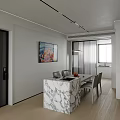 Modern Restaurant Interior With Marble Island Dining Table Chairs And Colorful Painting