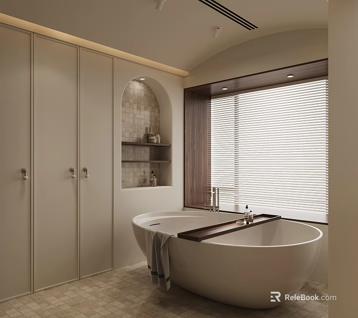 Elegant Warm Cream Bathroom Interior Design With Freestanding Bathtub Arch Niche And Storage Cabinets 3d model 
