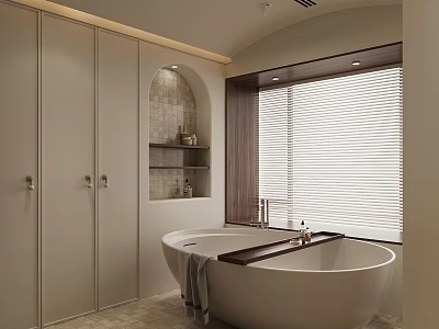 Elegant Warm Cream Bathroom Interior Design With Freestanding Bathtub Arch Niche And Storage Cabinets 3d model