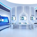 Modern Technology Exhibition Space With Circular Platform Blue Lighting And Digital Screens