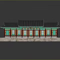 Traditional Architectural Building with Black Tile Roof Green Eaves Red Columns Stone Platform and Steps