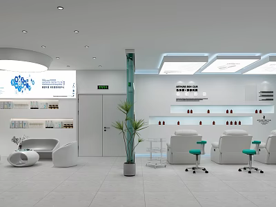 Modern Beauty Hair Salon Interior With White Decor Comfortable Chairs And Product Shelves 3d model