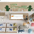 Wooden Table And Chair Set In Children's Playroom With Storage Shelf And Animal Toys