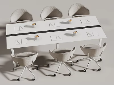 Modern Office Desk Setup With Rolling Chairs And Minimalist Tabletop Design 3d model