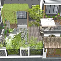 Karesansui Dry Landscape Garden Featuring Wooden Deck Stone Pathway Green Plants and Umbrella Chairs