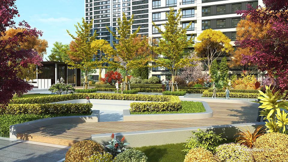 Modern Residential Garden Landscape With Colorful Trees Trimmed Hedges Wooden Walkway And Lawn 3d model 