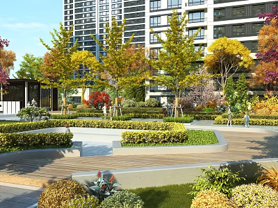 Modern Residential Garden Landscape With Colorful Trees Trimmed Hedges Wooden Walkway And Lawn 3d model