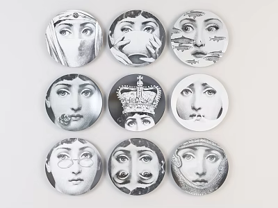 Collection of Circular Badges Featuring Various Face Designs in Black and White Style 3d model