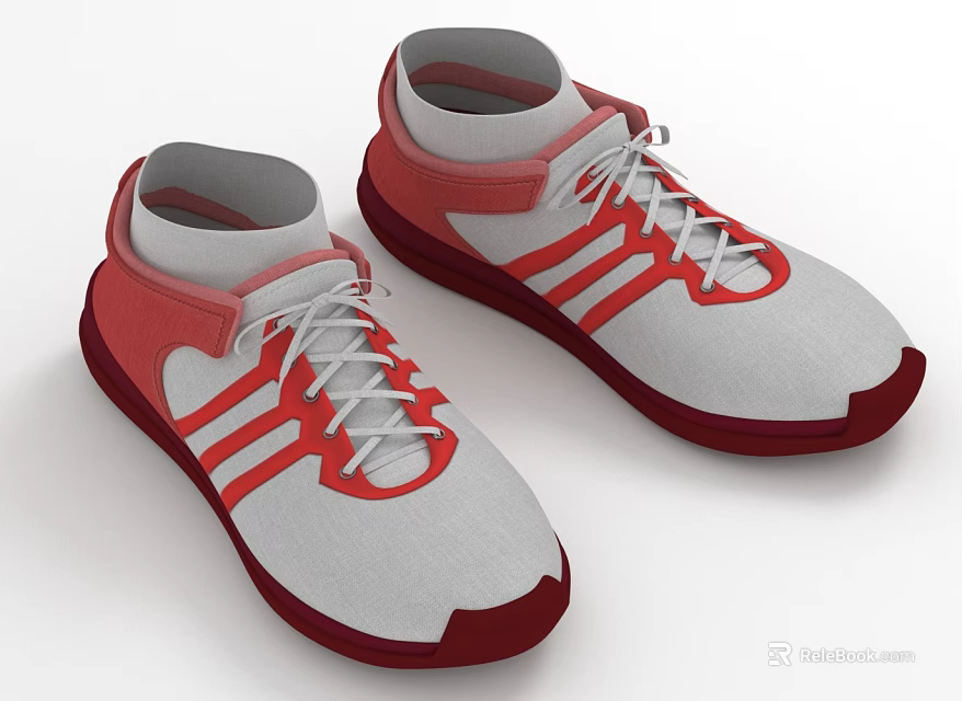 Gray And Red Casual Sports Shoes With White Laces And Red Stripes 3d model 