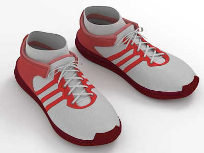 Gray And Red Casual Sports Shoes With White Laces And Red Stripes 3d model