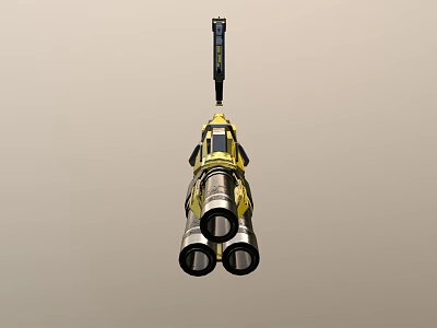 Futuristic Dual Barrel Weapon with Yellow Silver Design and Detailed Top Mounted Part 3d model
