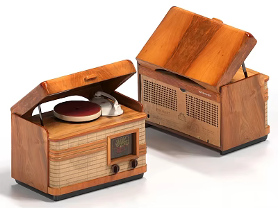 Vintage Household Appliances Wooden Case Radio With Record Player Open Lid Design And Classic Style 3d model