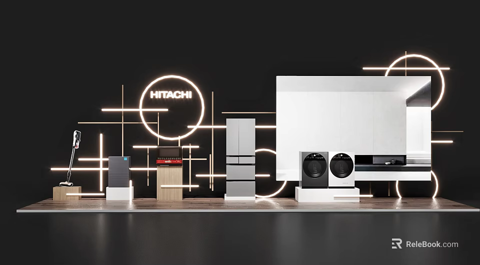 Modern Hitachi Showroom Display Shelves With Refrigerator And Washing Machine 3d model 