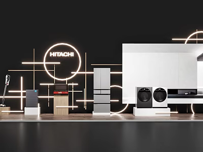 Modern Hitachi Showroom Display Shelves With Refrigerator And Washing Machine 3d model
