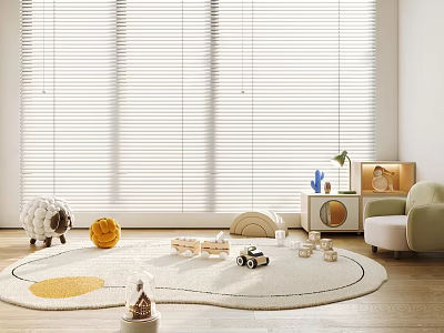 Shaped Rug With Toys Sheep Doll Yellow Ball Blocks Car Near Window Blinds Green Chair 3d model