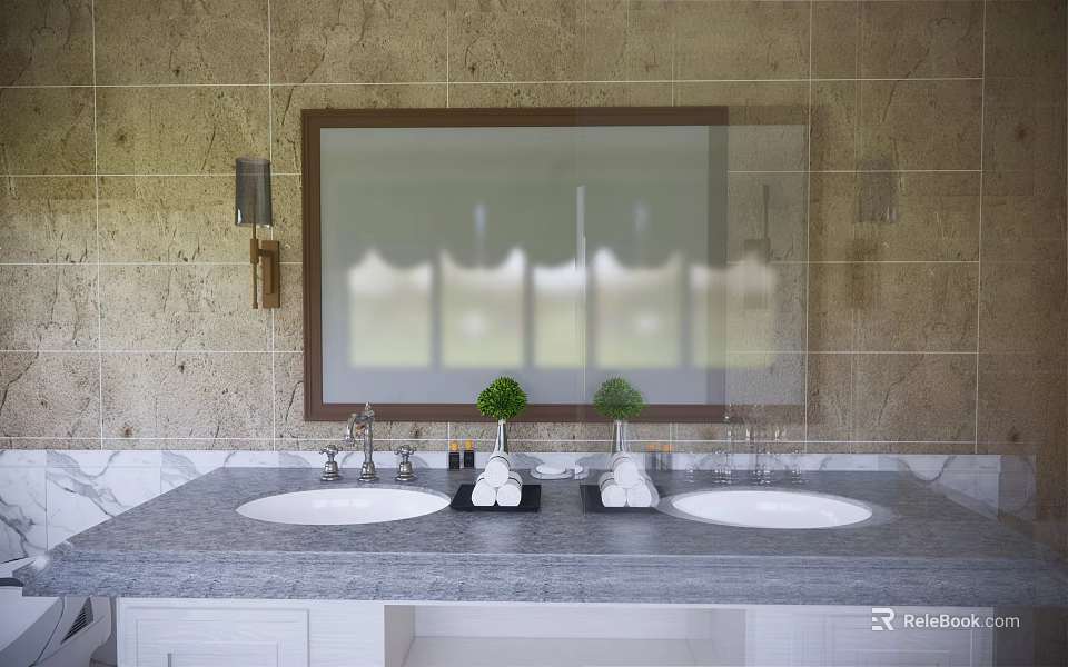 Elegant Bathroom Vanity With Double Sink Large Mirror Stone Wall And Decorative Plants 3d model 