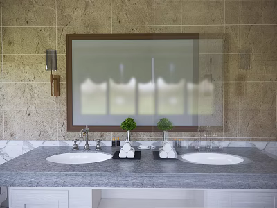 Elegant Bathroom Vanity With Double Sink Large Mirror Stone Wall And Decorative Plants 3d model