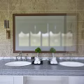 Elegant Bathroom Vanity With Double Sink Large Mirror Stone Wall And Decorative Plants