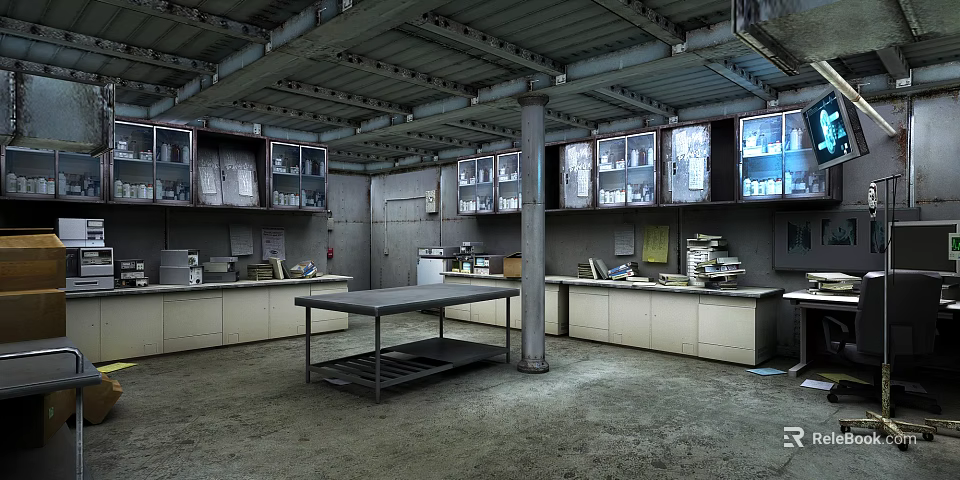Industrial Laboratory Interior With Metal Workbench Storage Cabinets And Concrete Floor 3d model 