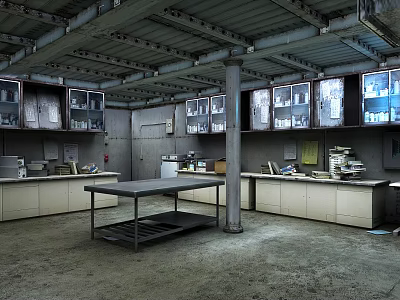 Industrial Laboratory Interior With Metal Workbench Storage Cabinets And Concrete Floor 3d model