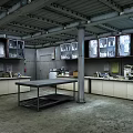 Industrial Laboratory Interior With Metal Workbench Storage Cabinets And Concrete Floor