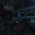 Vintage Bar Interior With Chandelier Cozy Seating And Framed Artworks