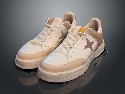 White And Beige Casual Sneakers With Star Pattern On Upper And Platform Sole 3d model