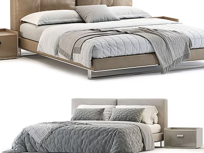 Modern Double Bed With Upholstered Headboard Bedside Table Pillows And Neutral Tones Bedding 3d model