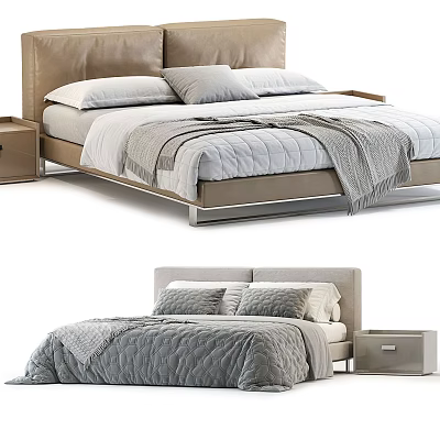 Modern Double Bed With Upholstered Headboard Bedside Table Pillows And Neutral Tones Bedding 3d model