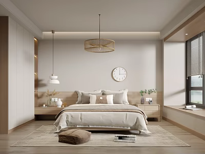 Modern Bedroom Interior Design With Bed Pillows Wooden Bedside Tables Wall Clock And Pendant Light 3d model