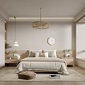 Modern Bedroom Interior Design With Bed Pillows Wooden Bedside Tables Wall Clock And Pendant Light