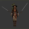 Adventurous Game Movie Character Wearing Hat Green Plant On Back Holding Two Swords