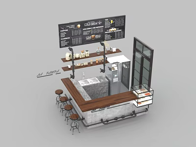 Modern Bar Counter Design With Wooden Top Menu Board Stools And Refrigerator 3d model