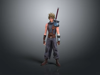 Spiky Blonde Haired Warrior Character With Large Sword Sleeveless Top And Loose Pants 3d model
