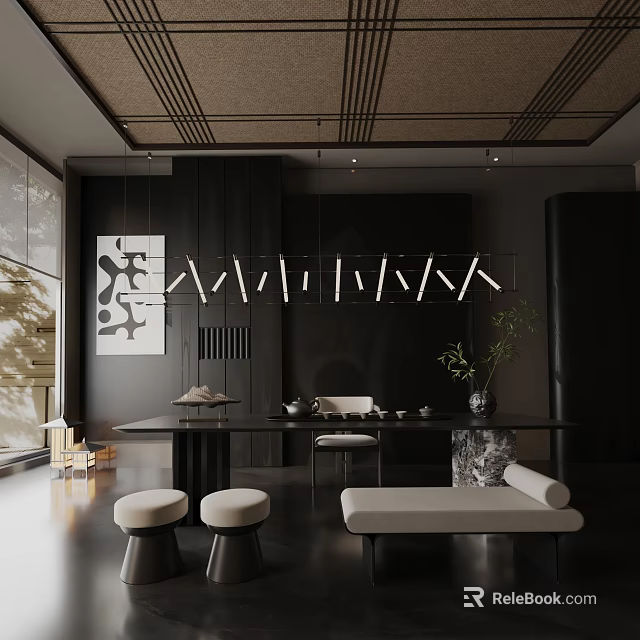 Modern Dining Room Dining Table Set With Black Table White Stools Bench And Hanging Lights 3d model