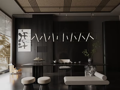 Modern Dining Room Dining Table Set With Black Table White Stools Bench And Hanging Lights 3d model
