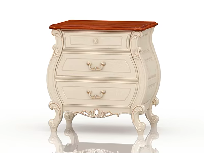 Classic White Bedside Table With Carved Details Brown Top And Golden Handles 3d model