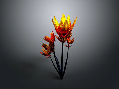 Vibrant Red and Yellow Flower Plant with Petals and Black Stems on Gray Background 3d model