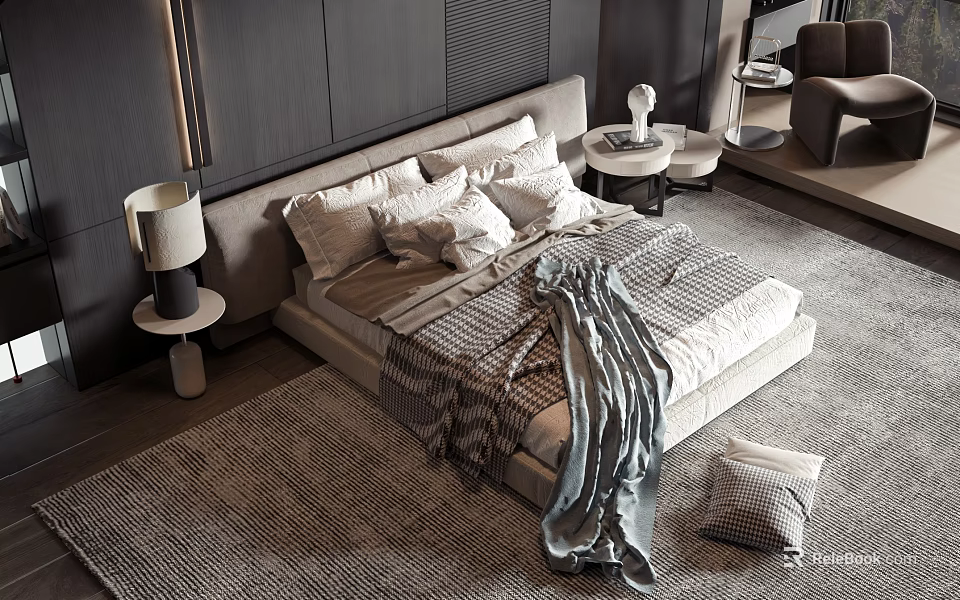 Modern Double Bed with Upholstered Headboard Pillows Striped Blanket Bedside Tables Lamps on Gray Rug 3d model 