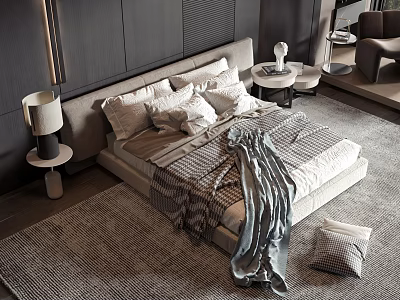 Modern Double Bed with Upholstered Headboard Pillows Striped Blanket Bedside Tables Lamps on Gray Rug 3d model