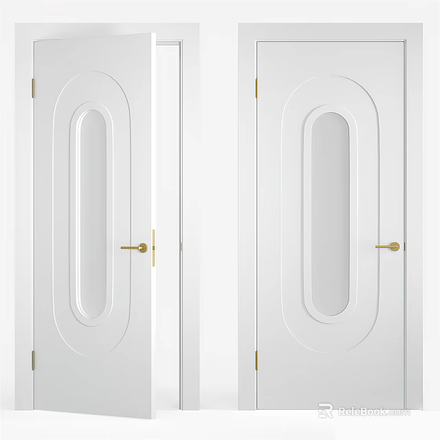 White Swing Door Design With Oval Glass Window And Gold Handle 3d model 